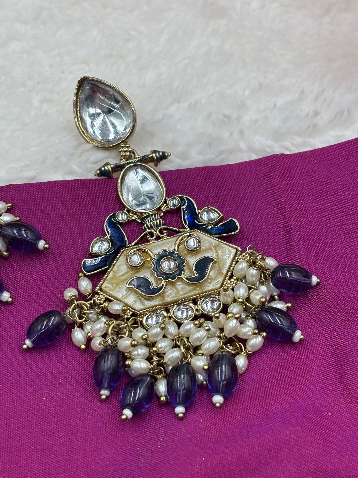 Antique Finish Peacock Kundan Earrings with Blue Meenakari, Pearls & Navy Beads