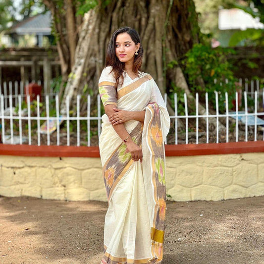 Pochampalli Border Kerala Kasavu Cotton Saree – Traditional & Elegant | Shrees Fashion