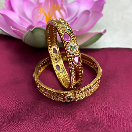 Matte Gold Bangles with Pink & Green Stones – South Indian Inspired