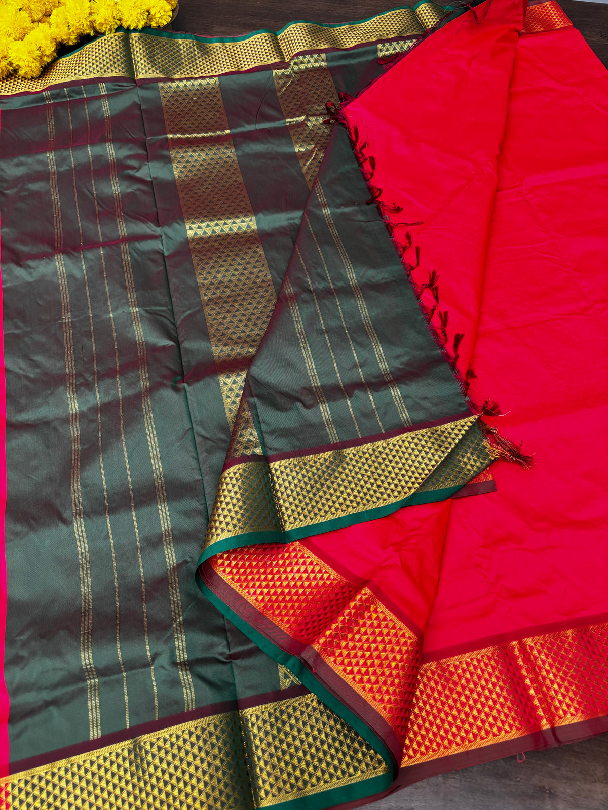 Heritage Red Semi Silk Madisar with Green Pallu