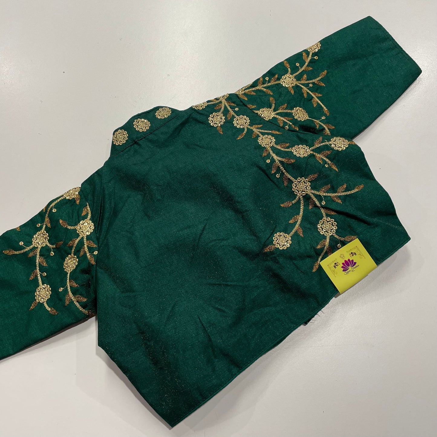 Bottle Green Collar Neck Ready-Made Blouse with Gold Embroidery – Elegant Fusion for Sarees & Festive Wear