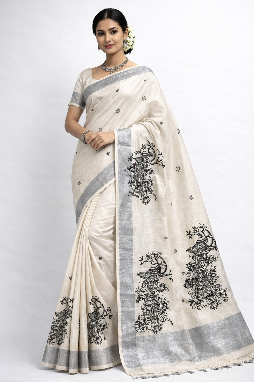 Kerala Kasavu Cotton Saree with Mural Art & Black Tassel Finish | Shrees Fashion