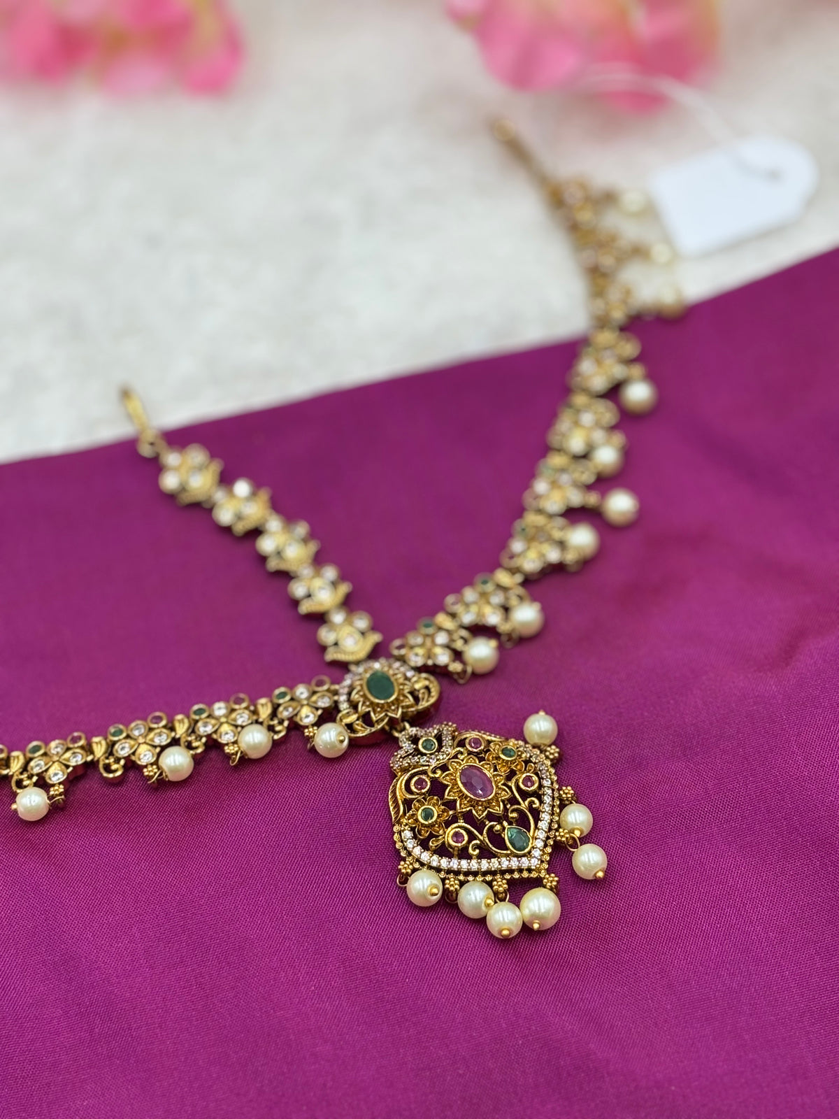 Antique Matte Gold Tikka – Three‑Layer Design with Pink & Green Stones