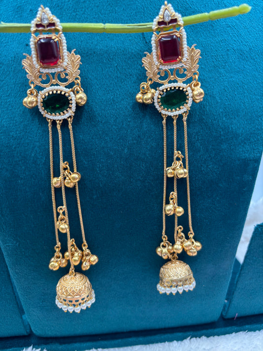 Three‑Layer Kashmiri Kundan Earrings with Red & Green Stones and Pearl Dome