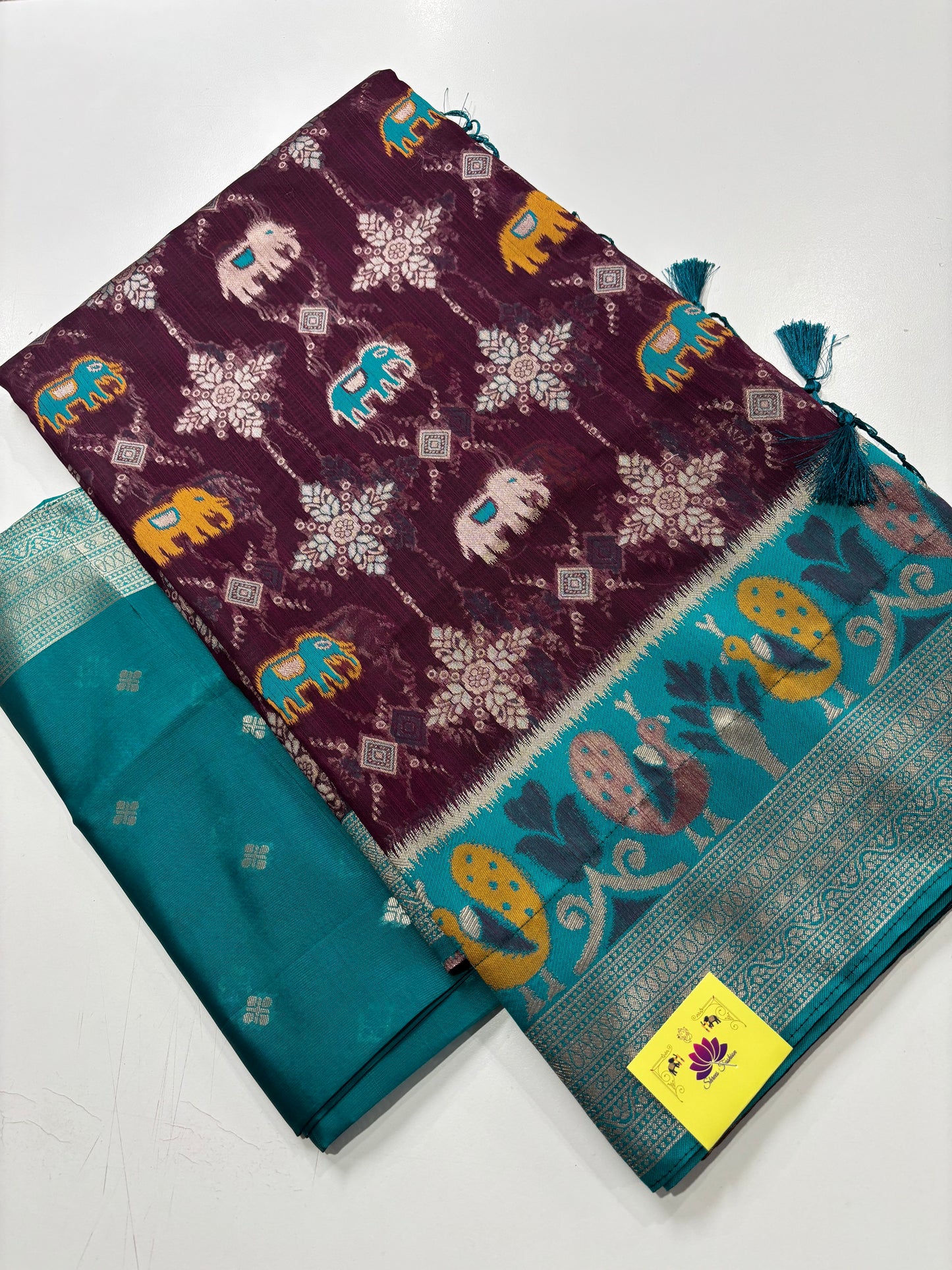 Elegant Silk‑Cotton Jamdani Saree – Burgundy Body with Sky‑Blue Border and Elephant Design