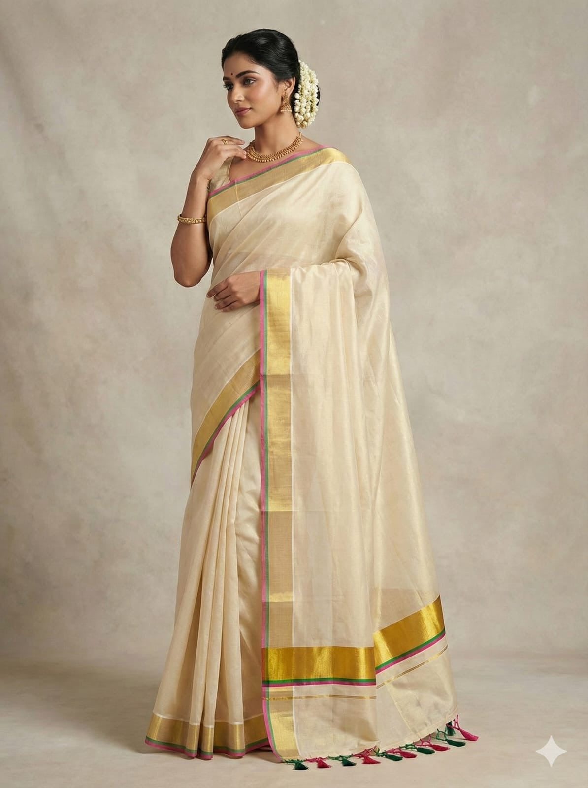 Kerala Kasavu tissue saree with multicolour magenta and green border – view 6