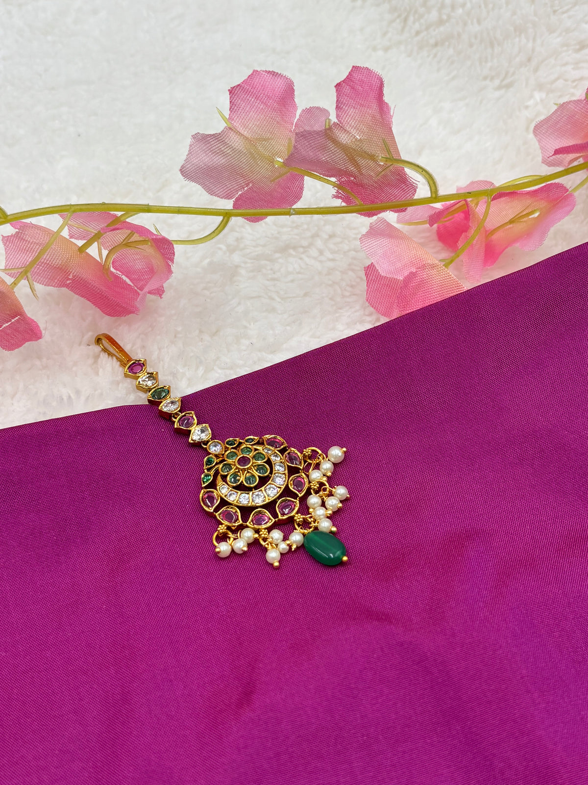 Gold Finish Floral Tikka – Green & Pink Stones with Pearls