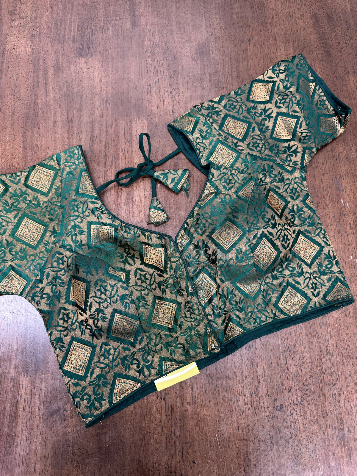 Elegant Bottle Green Diamond‑Pattern Brocade Blouse with Gold Accents