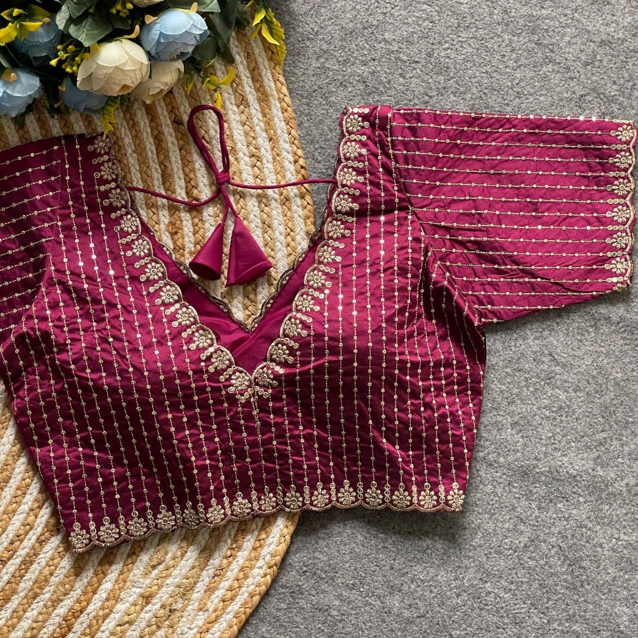 Magenta V-Neck Blouse with Intricate Golden Embroidery