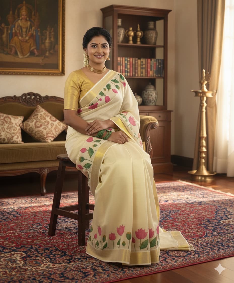 Premium Kerala Kasavu Saree in Floral Tissue Silk – South Indian Traditional Wear