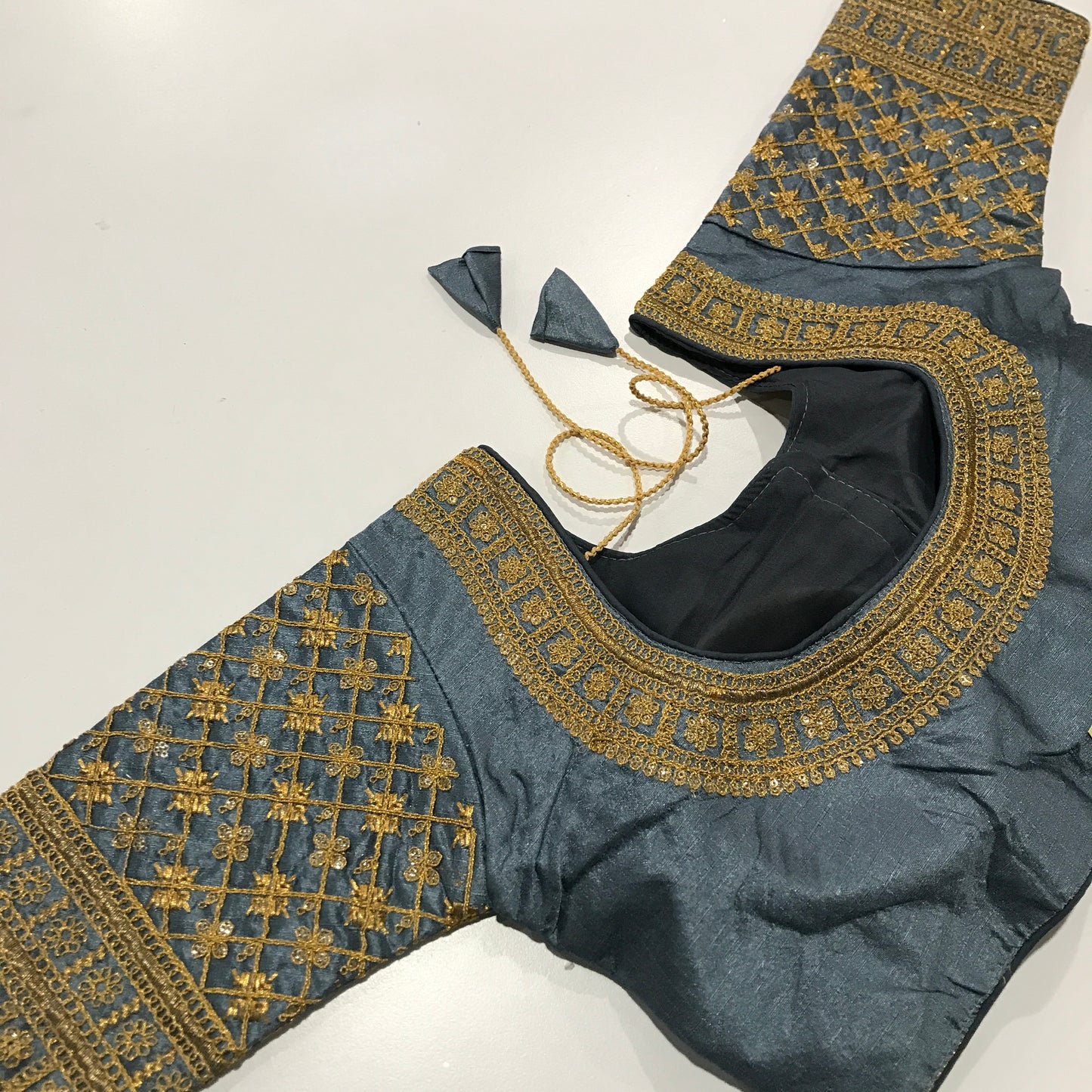 Grey Designer Ready-Made Blouse with Gold Embroidery – Subtle Sophistication for Sarees & Festive Wear