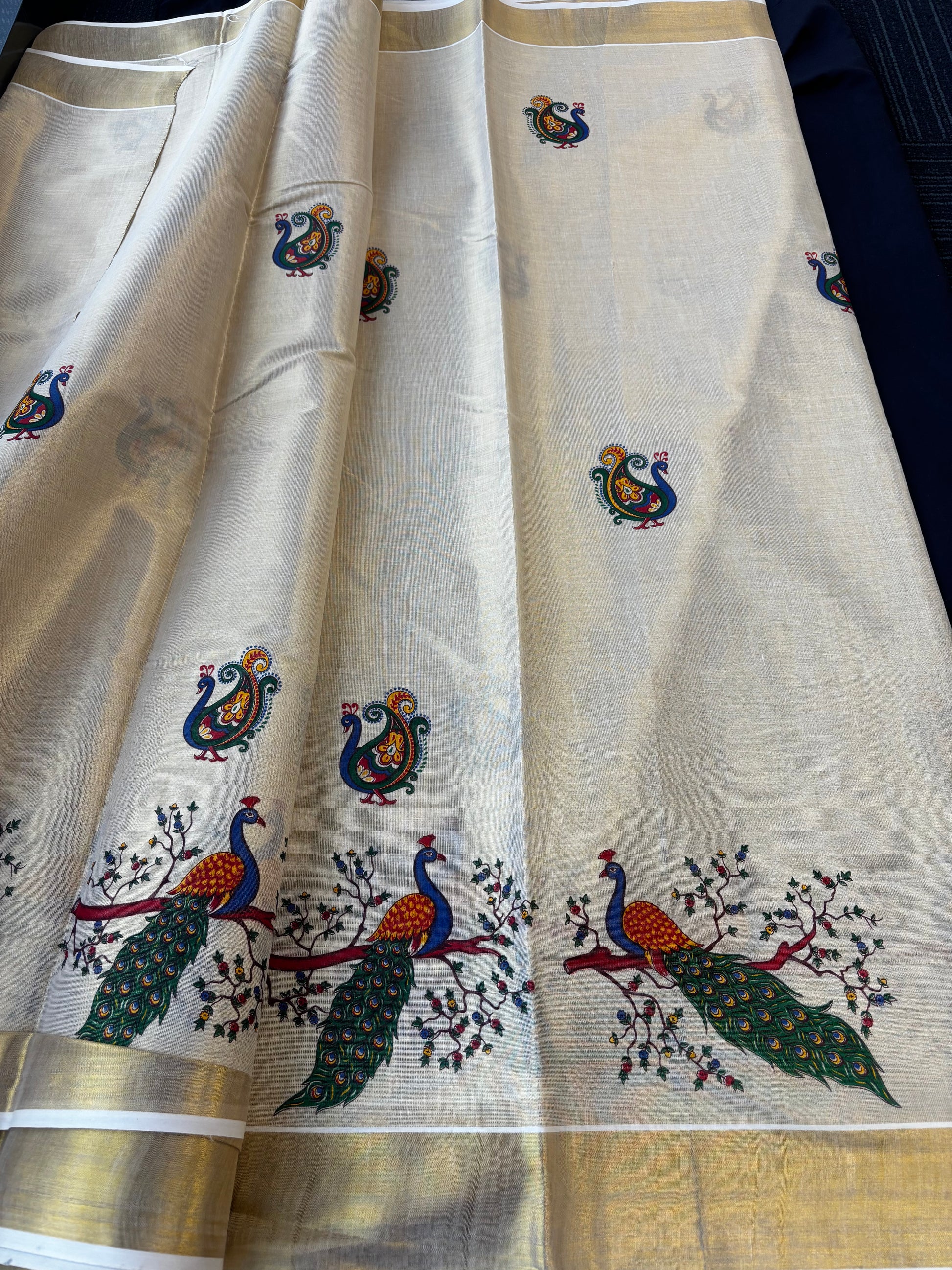 Kerala Kasavu tissue silk saree with peacock and floral tree pallu – view 5