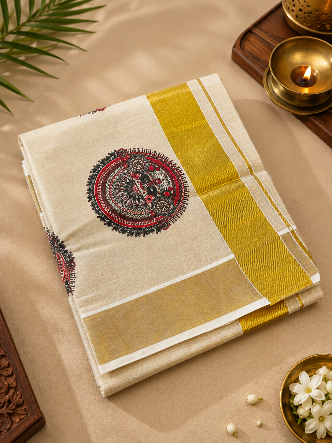 Kerala Kasavu saree with traditional red and black motif print