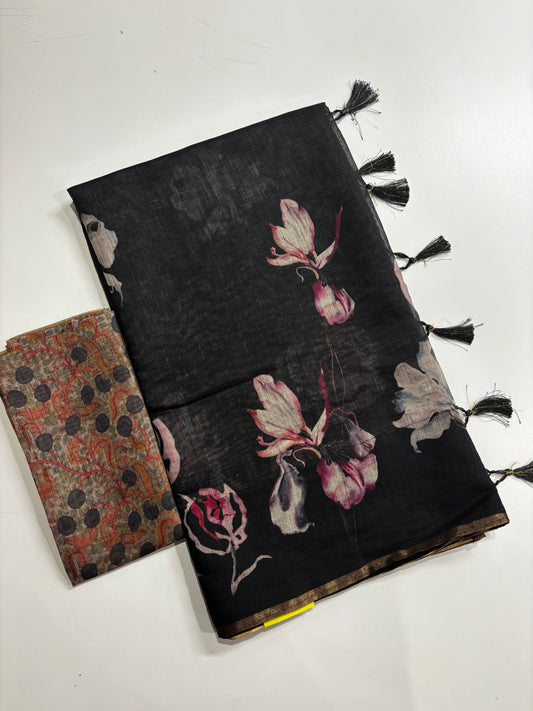 Beautifully Crafted Black Linen Cotton Saree with Floral Print, Golden Border, Tassels & Printed Blouse Piece | Shrees Fashion