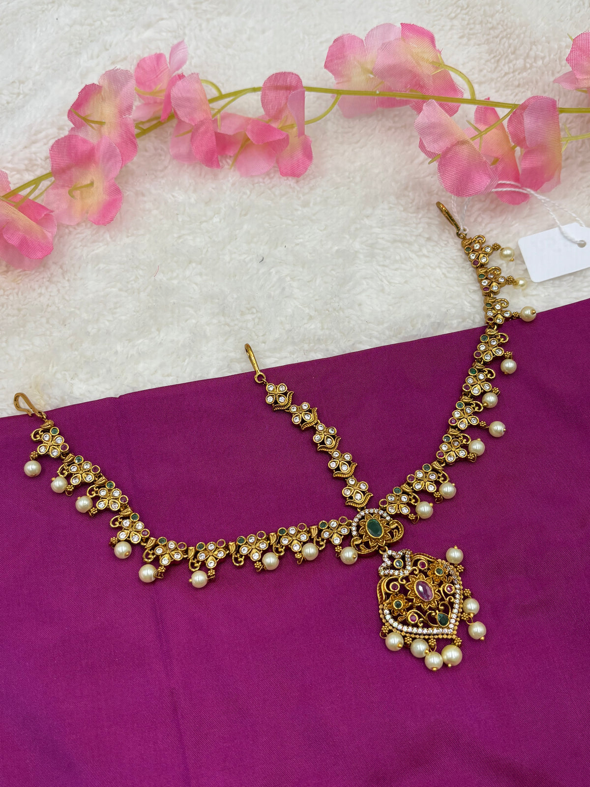 Antique Matte Gold Tikka – Three‑Layer Design with Pink & Green Stones
