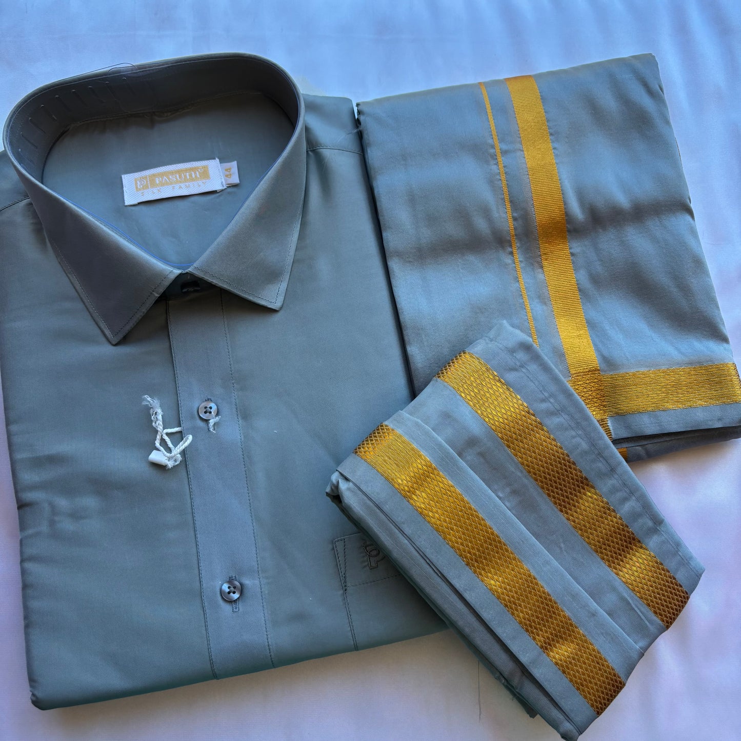 South Indian Pastel Grey Silk Vesti Shirt Set – Festive Collection