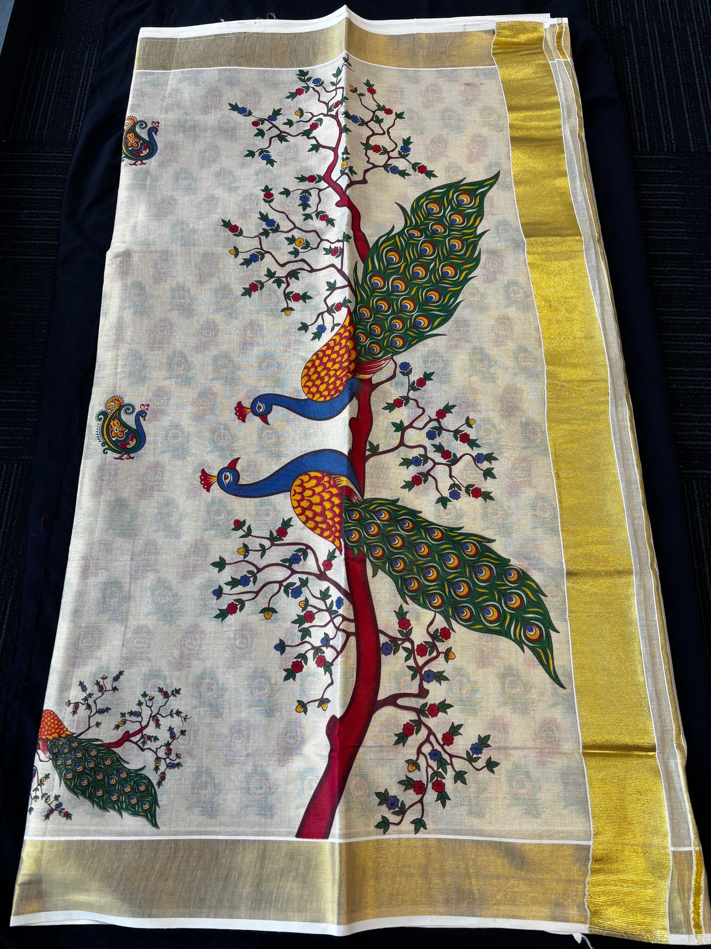 Kerala Kasavu tissue silk saree with peacock and floral tree pallu – view 2