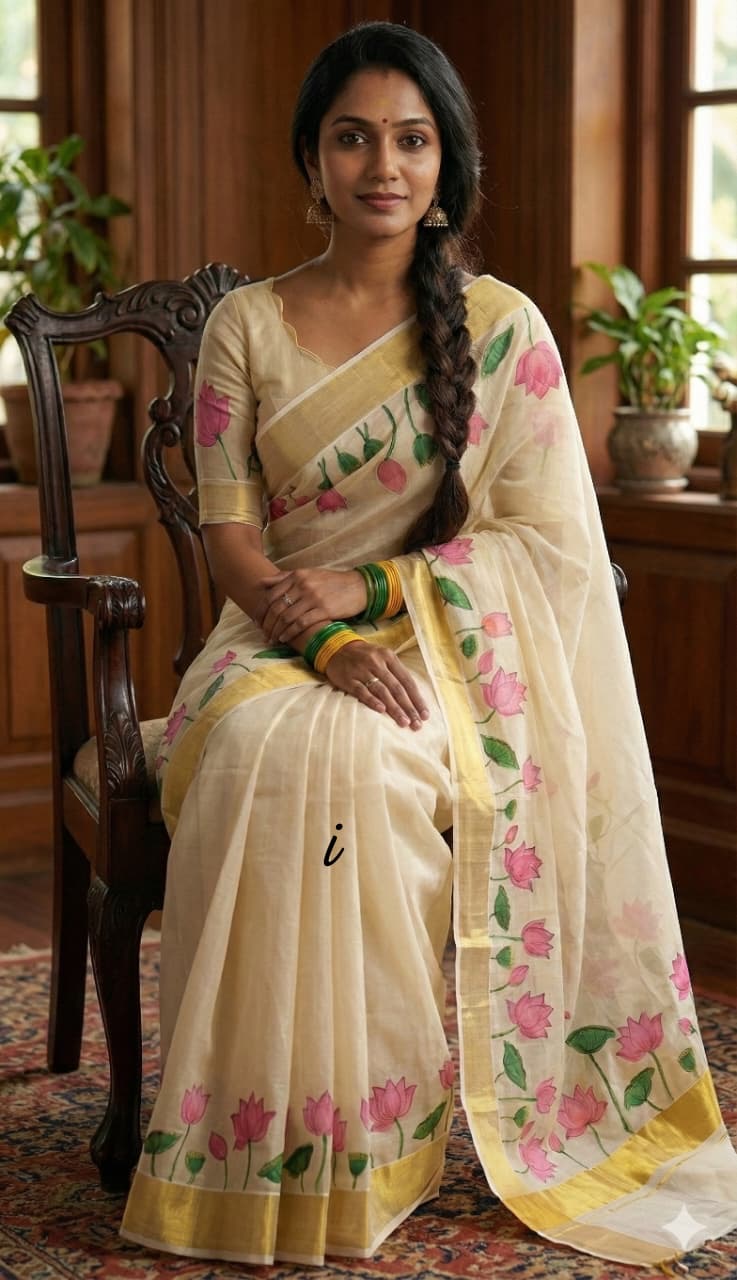 Premium Kerala Kasavu Saree in Floral Tissue Silk – South Indian Traditional Wear