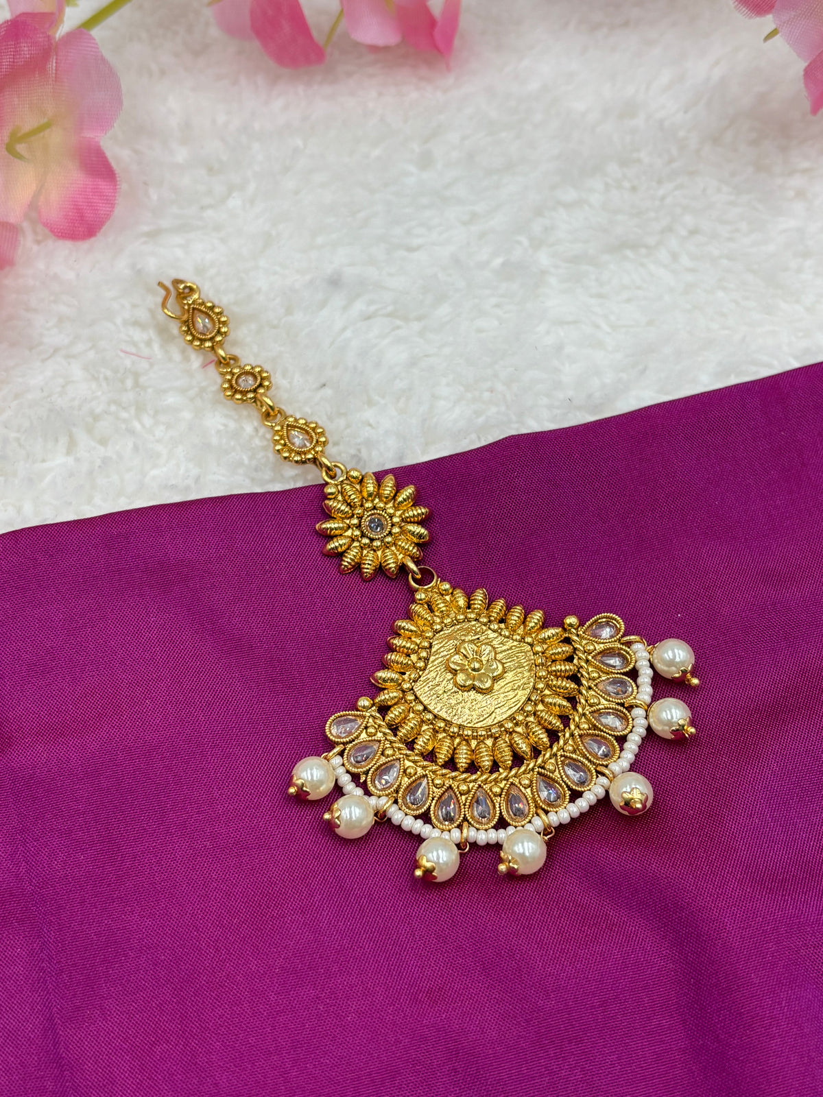 Matte Gold Finish Floral Tikka – White Stones & Pearl Hangings