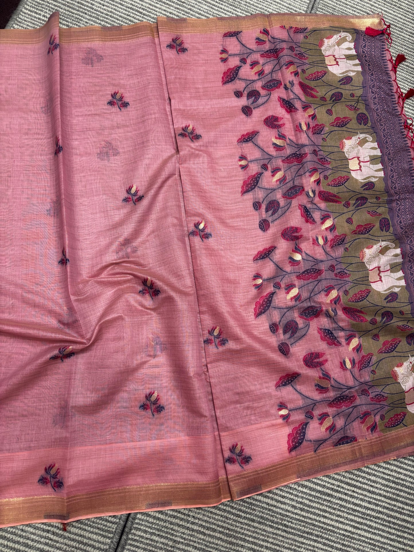 Elegant Pastel Pink Linen Cotton Saree with Floral & Elephant Details