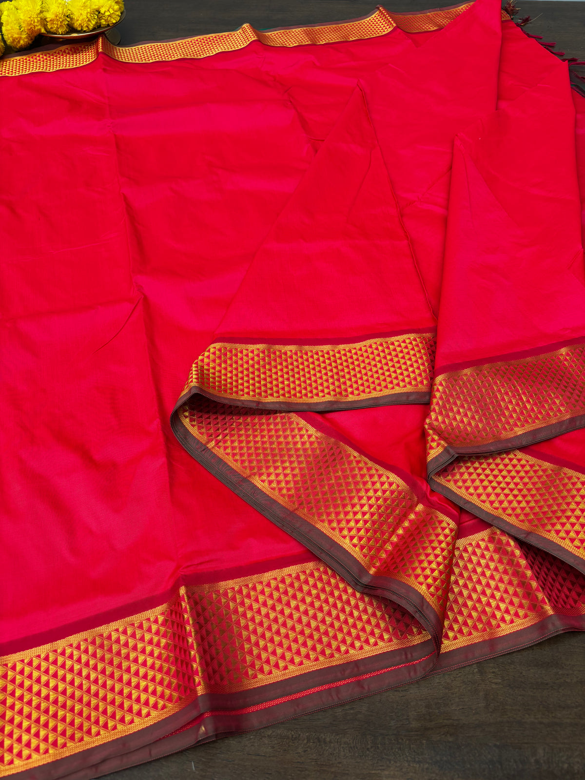 Heritage Red Semi Silk Madisar with Green Pallu