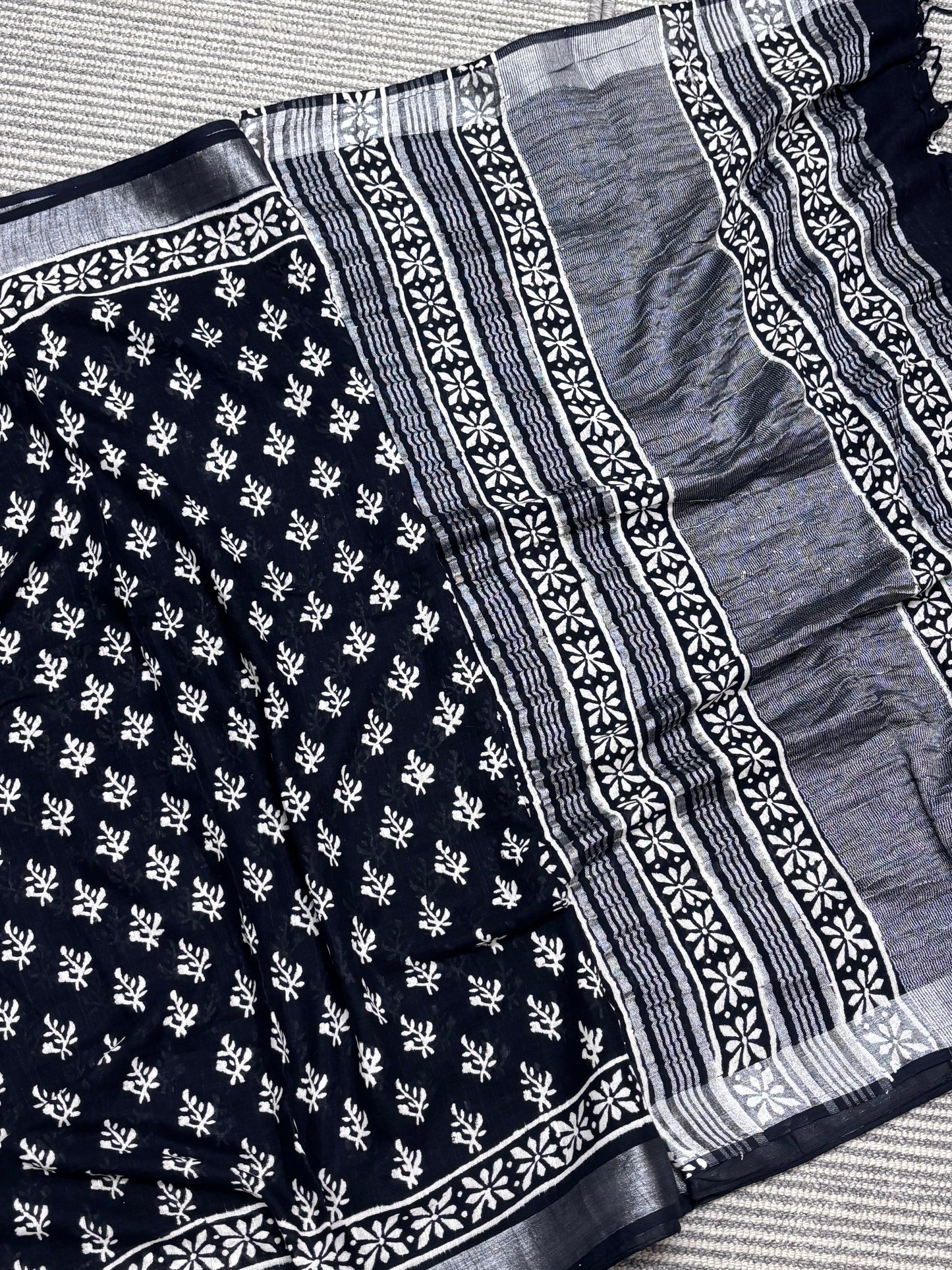 Elegant Black Linen Cotton Saree Featuring Traditional Hand Block Designs | Shrees Fashion