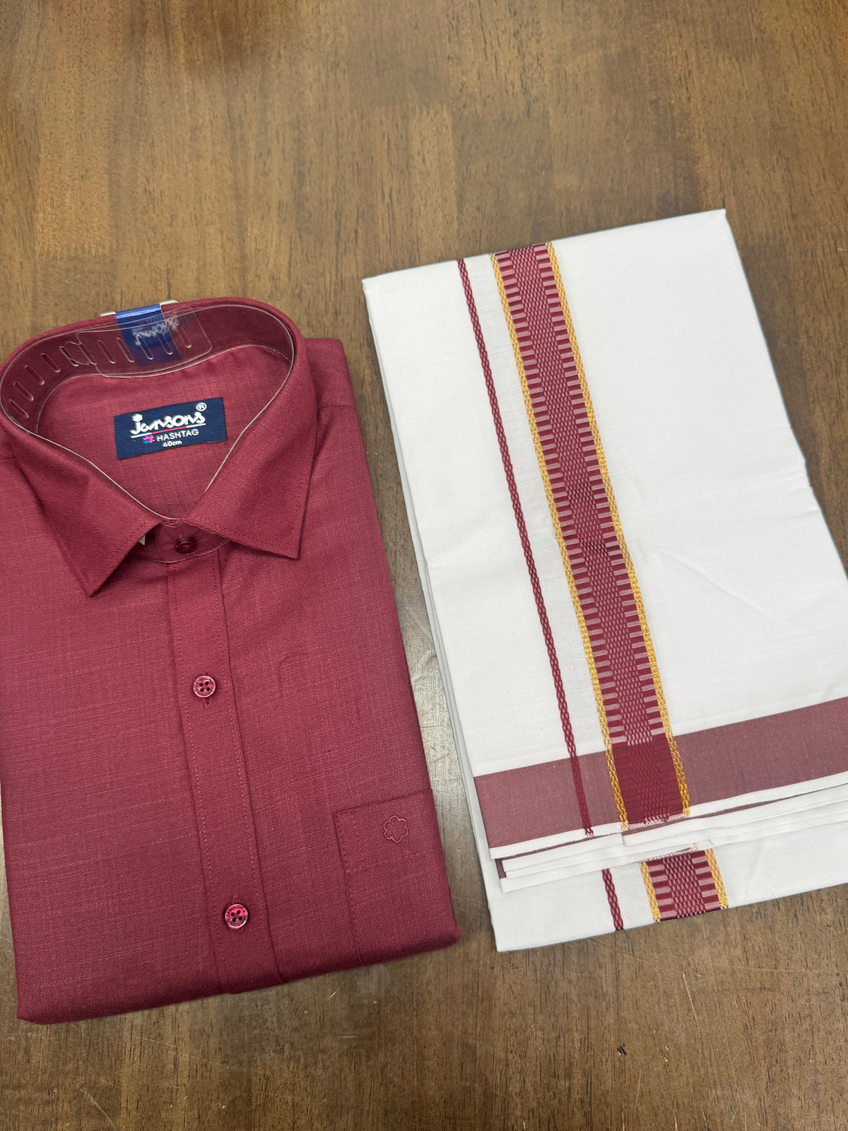 Elegant Magenta Full‑Sleeve Shirt Paired with White Veshti Featuring Gold- Magenta Border