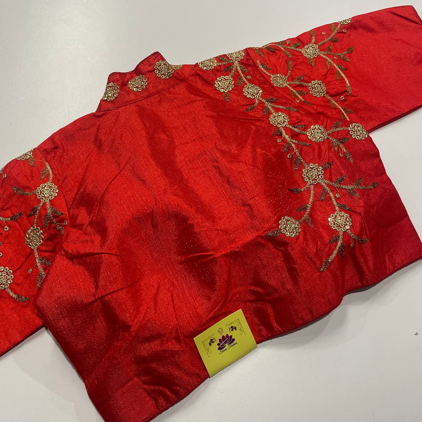 Red Collar Neck Ready-Made Blouse with Gold Embroidery – Bold & Graceful Pairing for Sarees