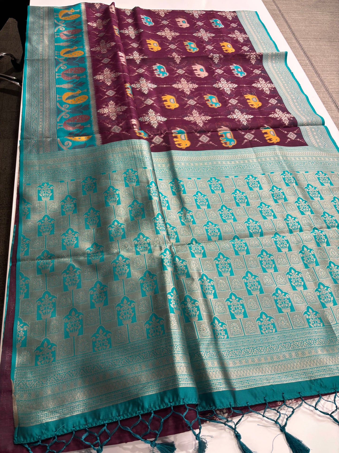 Elegant Silk‑Cotton Jamdani Saree – Burgundy Body with Sky‑Blue Border and Elephant Design