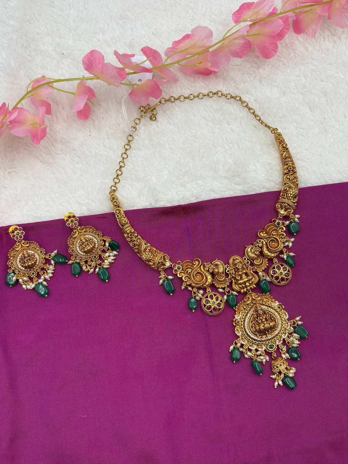 Premium Nakshi Design Temple Necklace Set with Green Beads & Matching Earrings