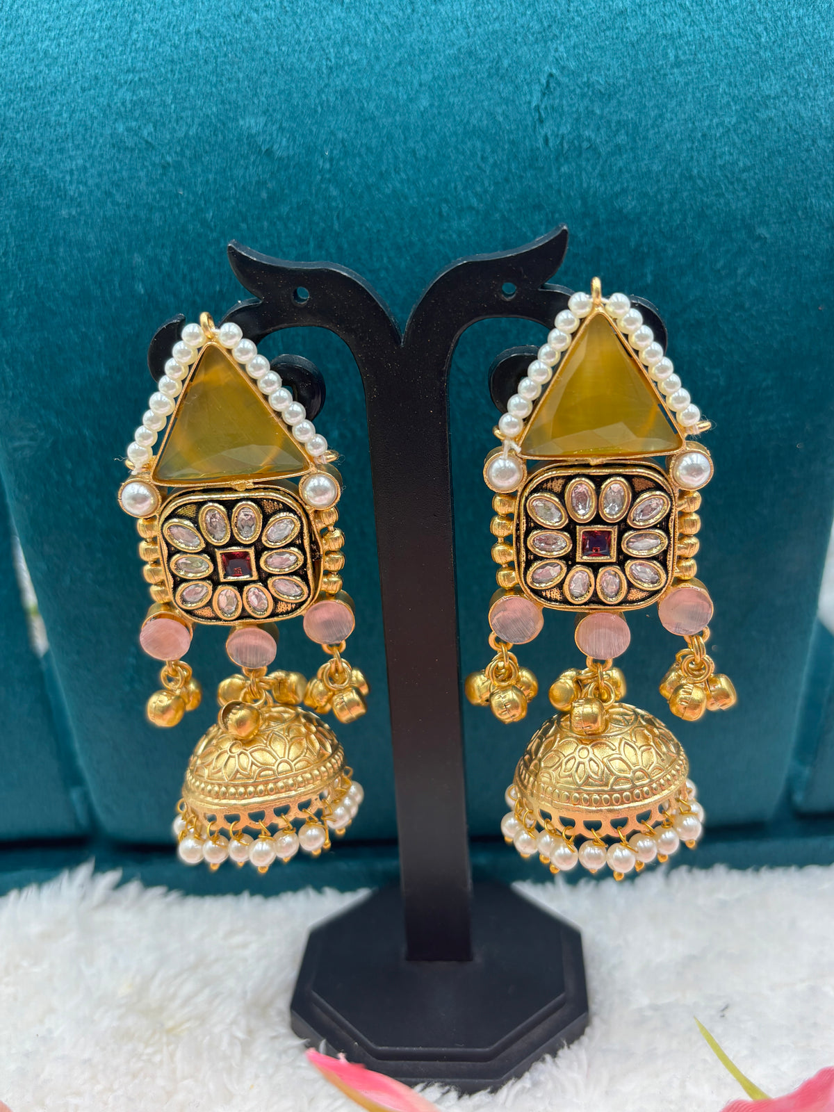 Royal Kundan Earrings with Yellow Gemstone, Peach Beads & Pearl‑Edged Jhumka Dome