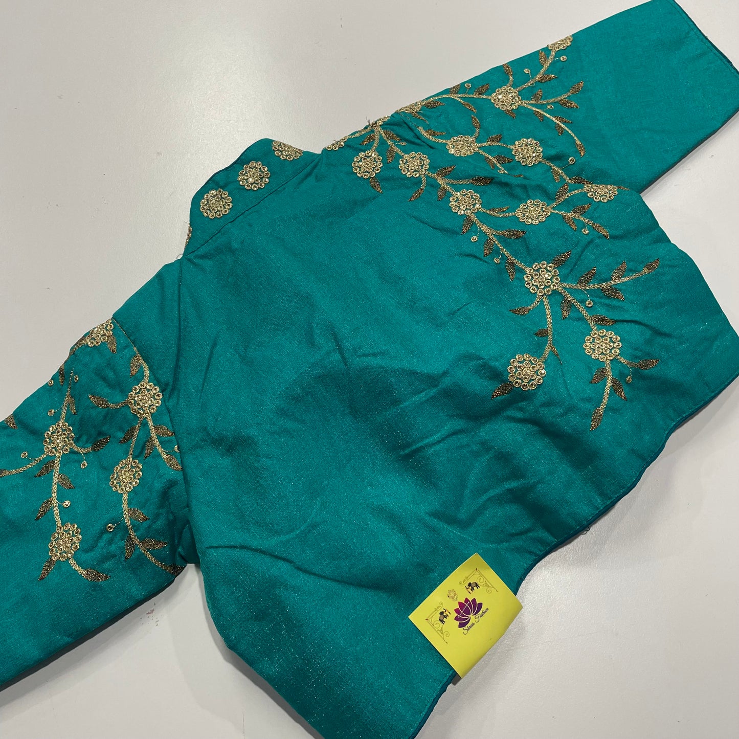 Sea Green Collar Neck Ready-Made Blouse with Gold Embroidery – Chic & Traditional Fusion for Sarees