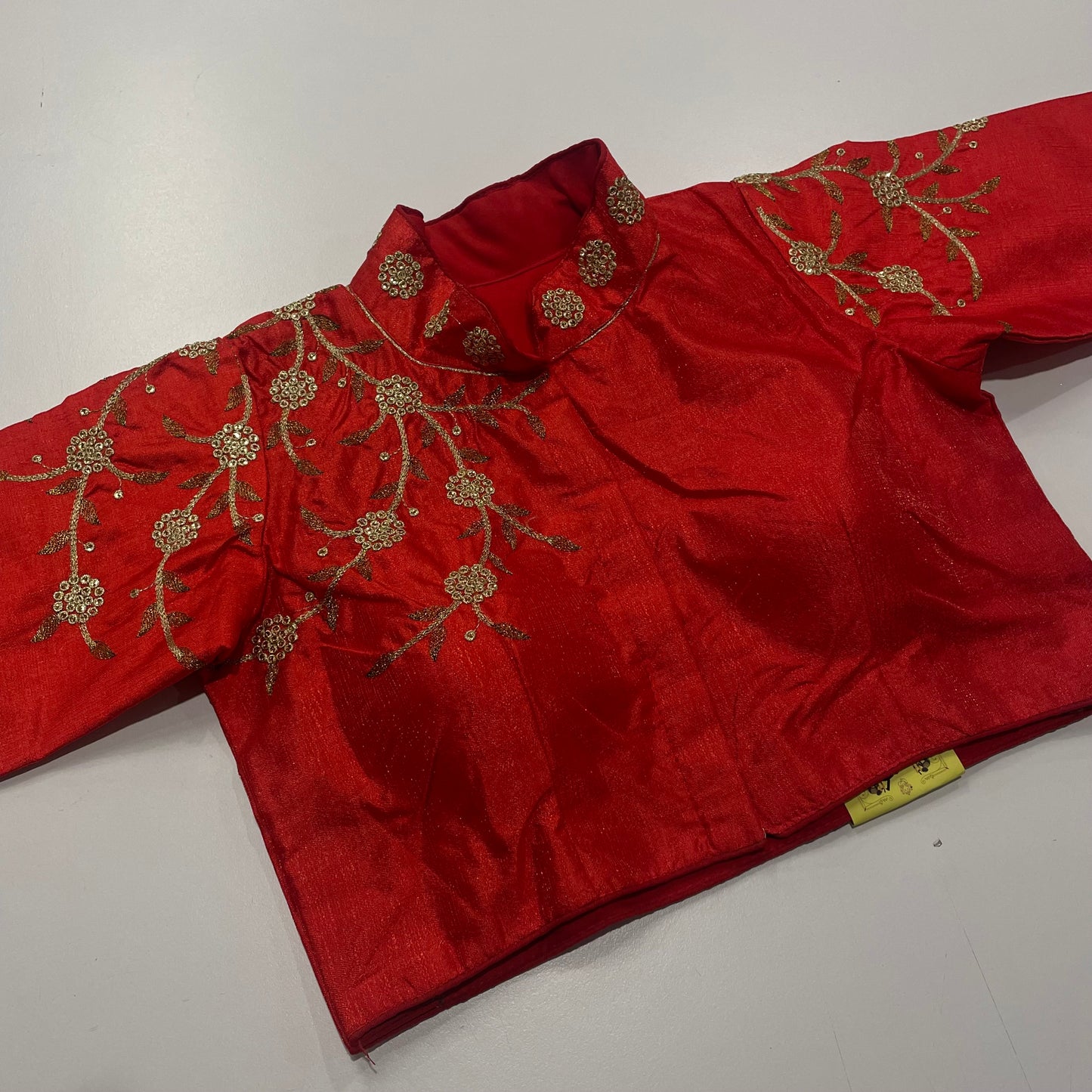 Red Collar Neck Ready-Made Blouse with Gold Embroidery – Bold & Graceful Pairing for Sarees