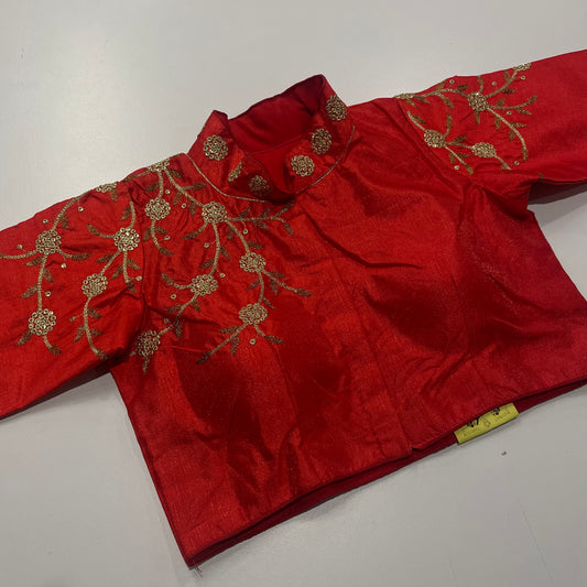 Red Collar Neck Ready-Made Blouse with Gold Embroidery – Bold & Graceful Pairing for Sarees