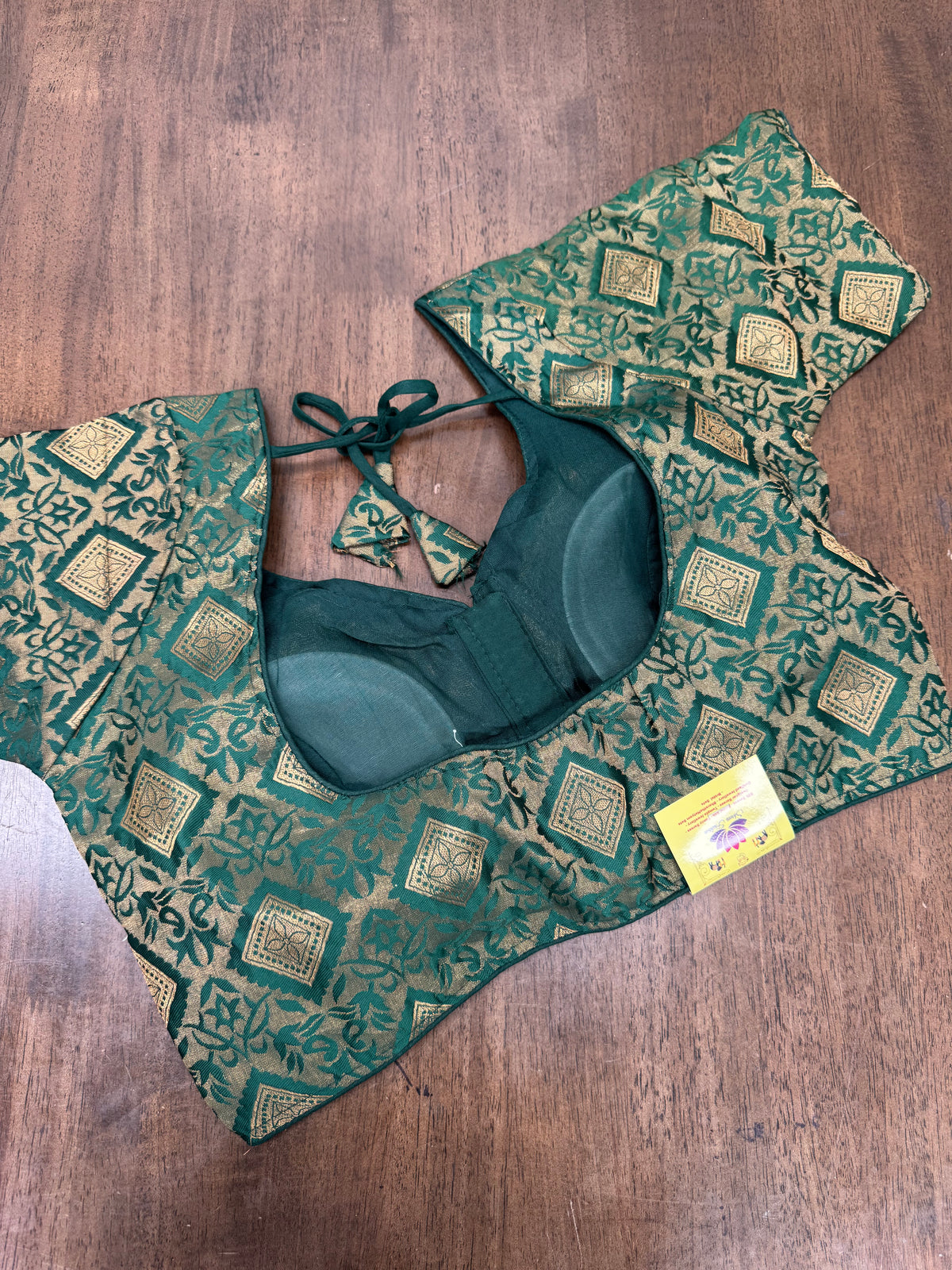 Elegant Bottle Green Diamond‑Pattern Brocade Blouse with Gold Accents
