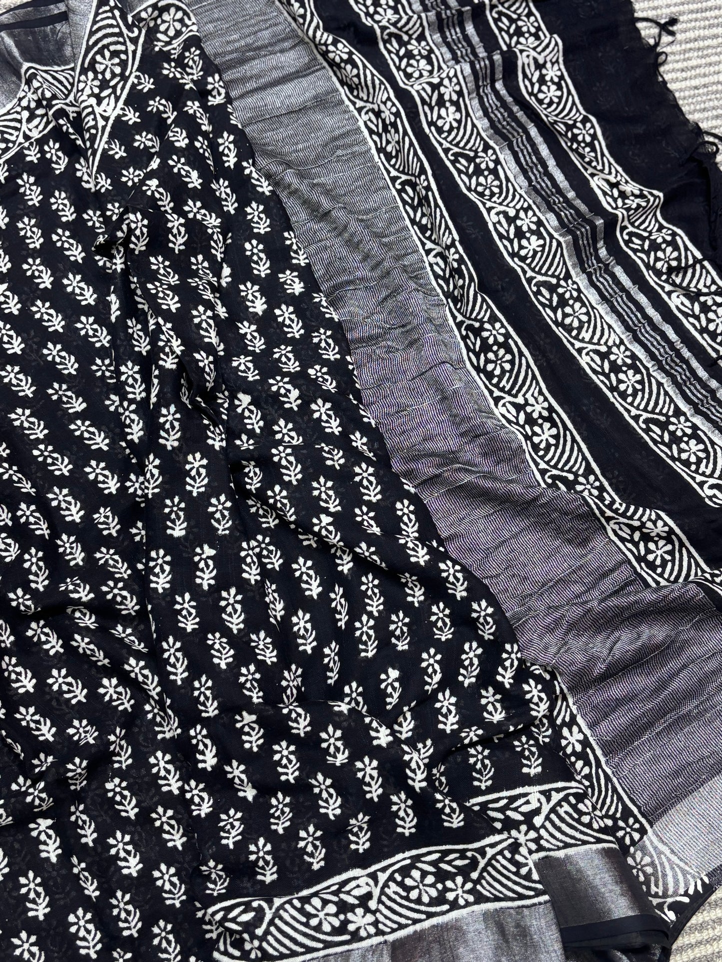 Elegant Black Linen Cotton Saree Featuring Traditional Hand Block Designs | Shrees Fashion
