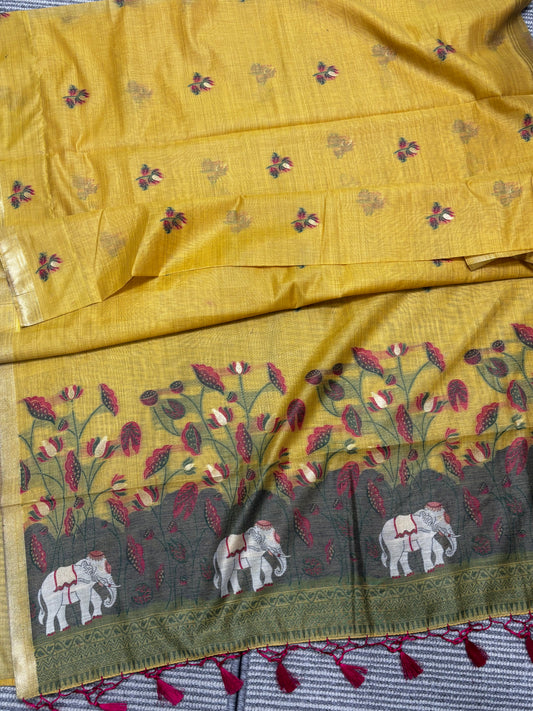 Elegant Yellow Linen Cotton Saree with Floral Print & Elephant Pallu Design | Shrees Fashion