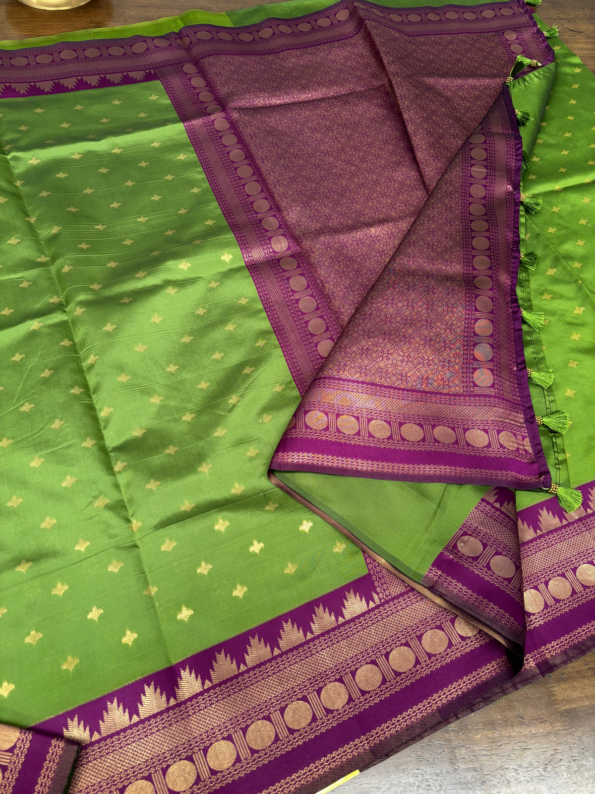 Vibrant Green Soft Silk Saree with Classic Purple Temple Zari Border & Blouse Piece Included
