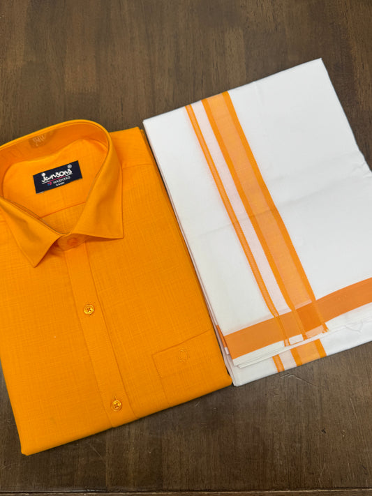 Yellow Half‑Sleeve Shirt Matched with White Veshti and Premium Yellow Border