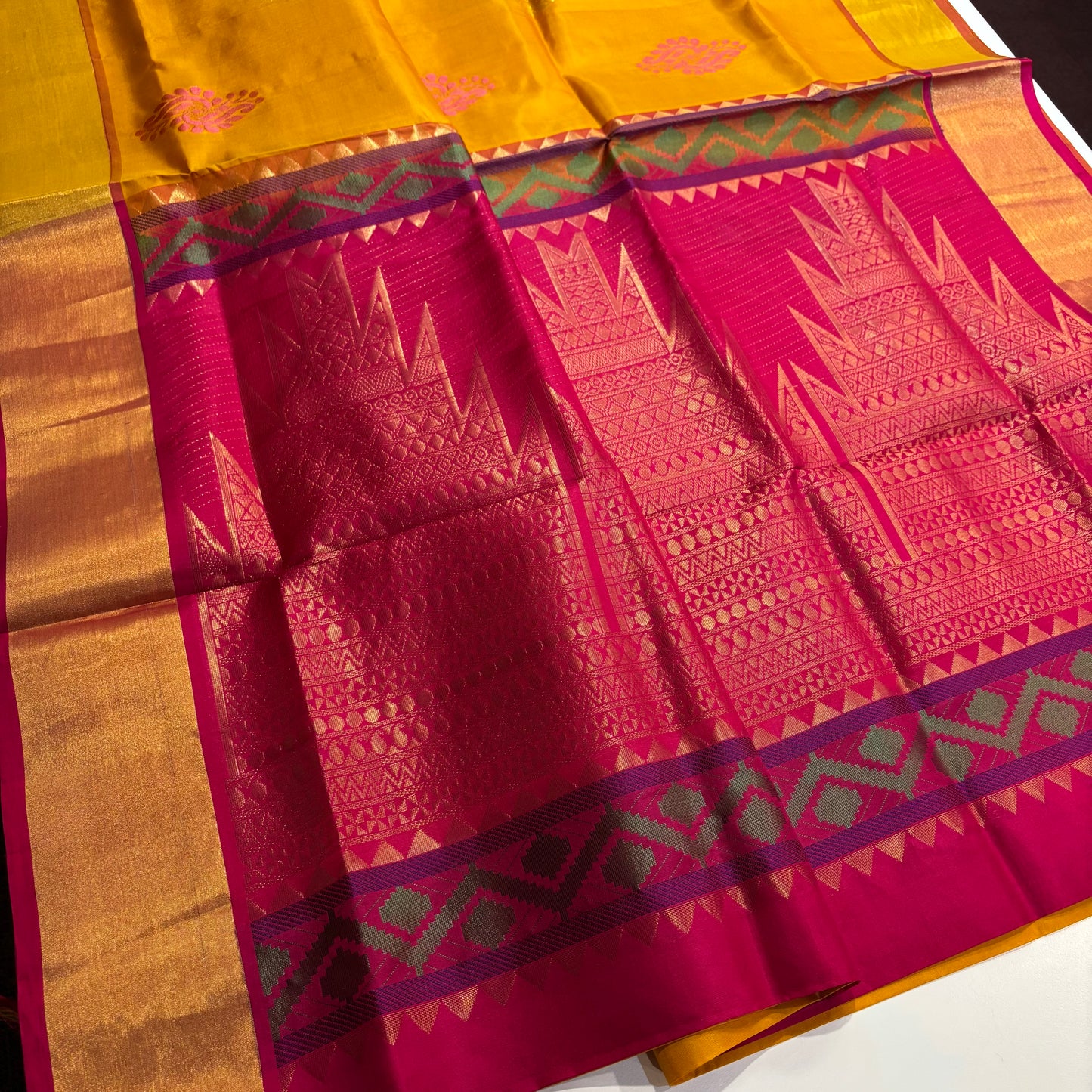 Sunshine & Silk: Yellow Kanchipuram Silk Saree with Rani Pink Pallu