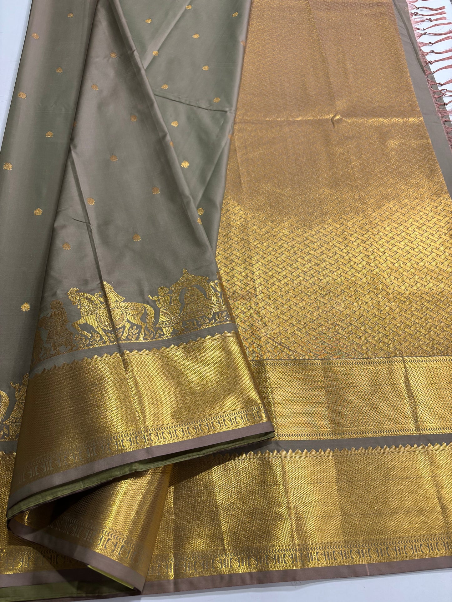 Elegant Pastel Grey Semi Silk Saree with Golden Highlights with Palki Patterns | Shrees Fashion