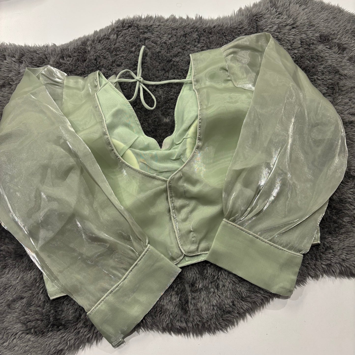 Zimmy Choo Pastel Green Bollywood Blouse – Full Sleeve Elegance for Festive & Bridal Glam