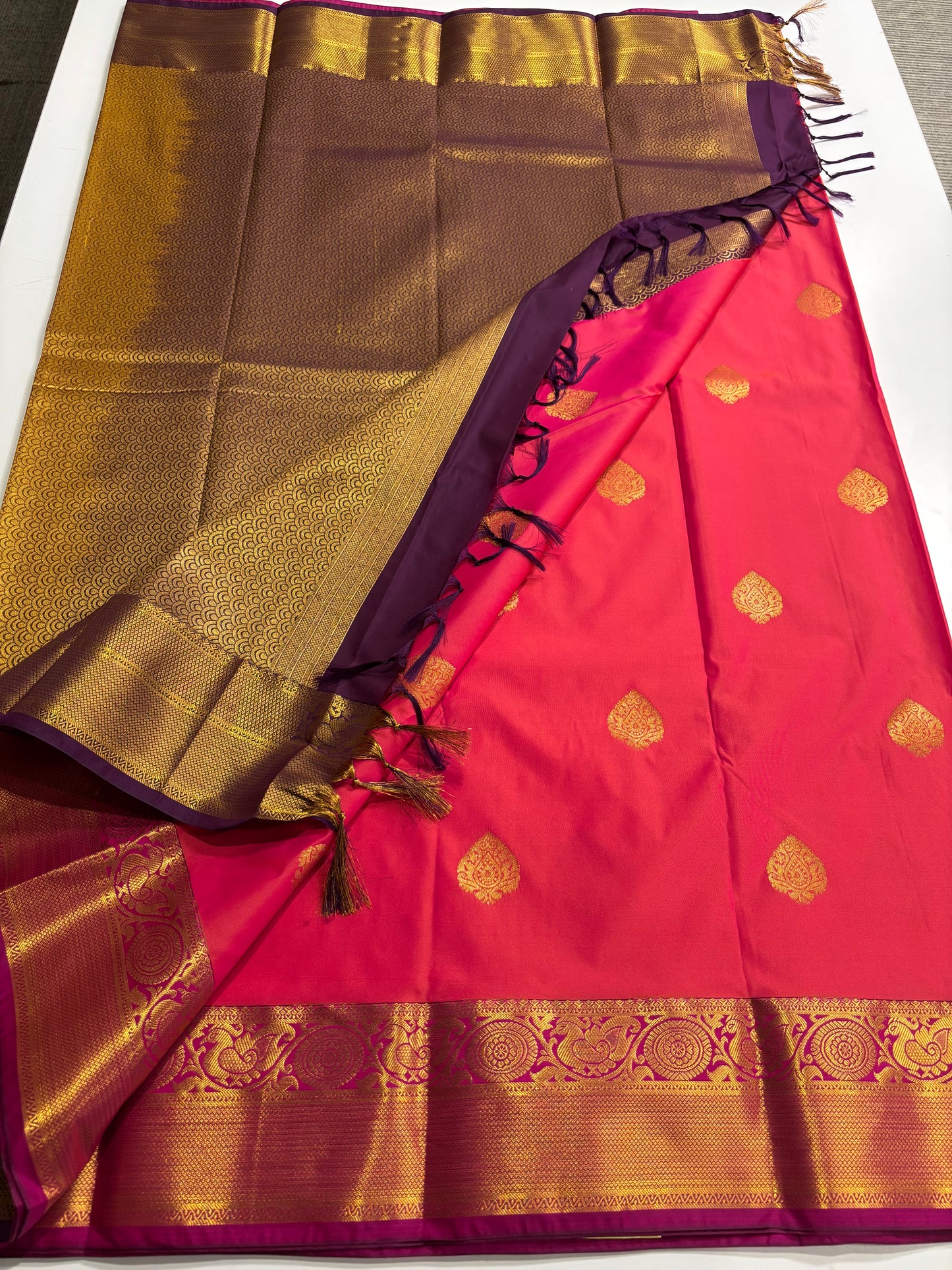 Elegant Pink Kanchipuram Semi Silk Saree with Rich Wine Contrast Border & Pallu | Shrees Fashion