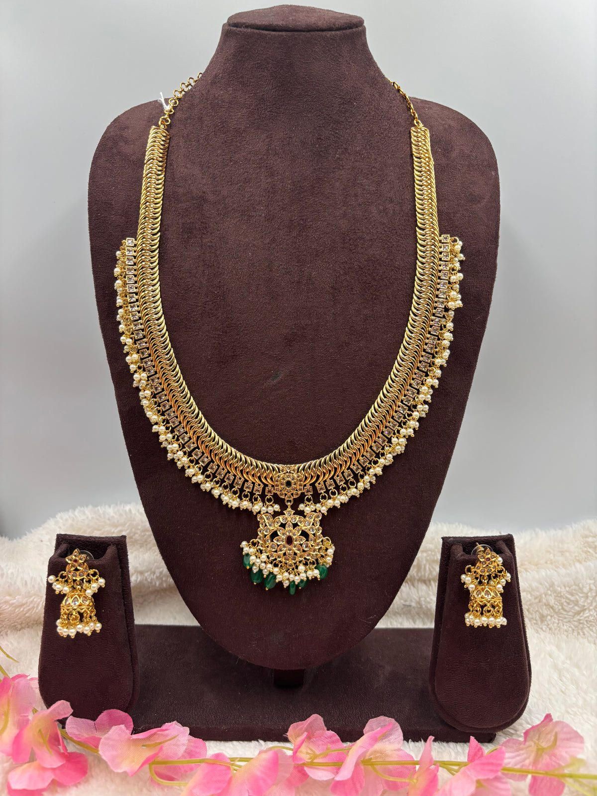 Antique Gold Haram Set with Lakshmi Design, Pearls & Green Beads – Traditional Temple Jewellery