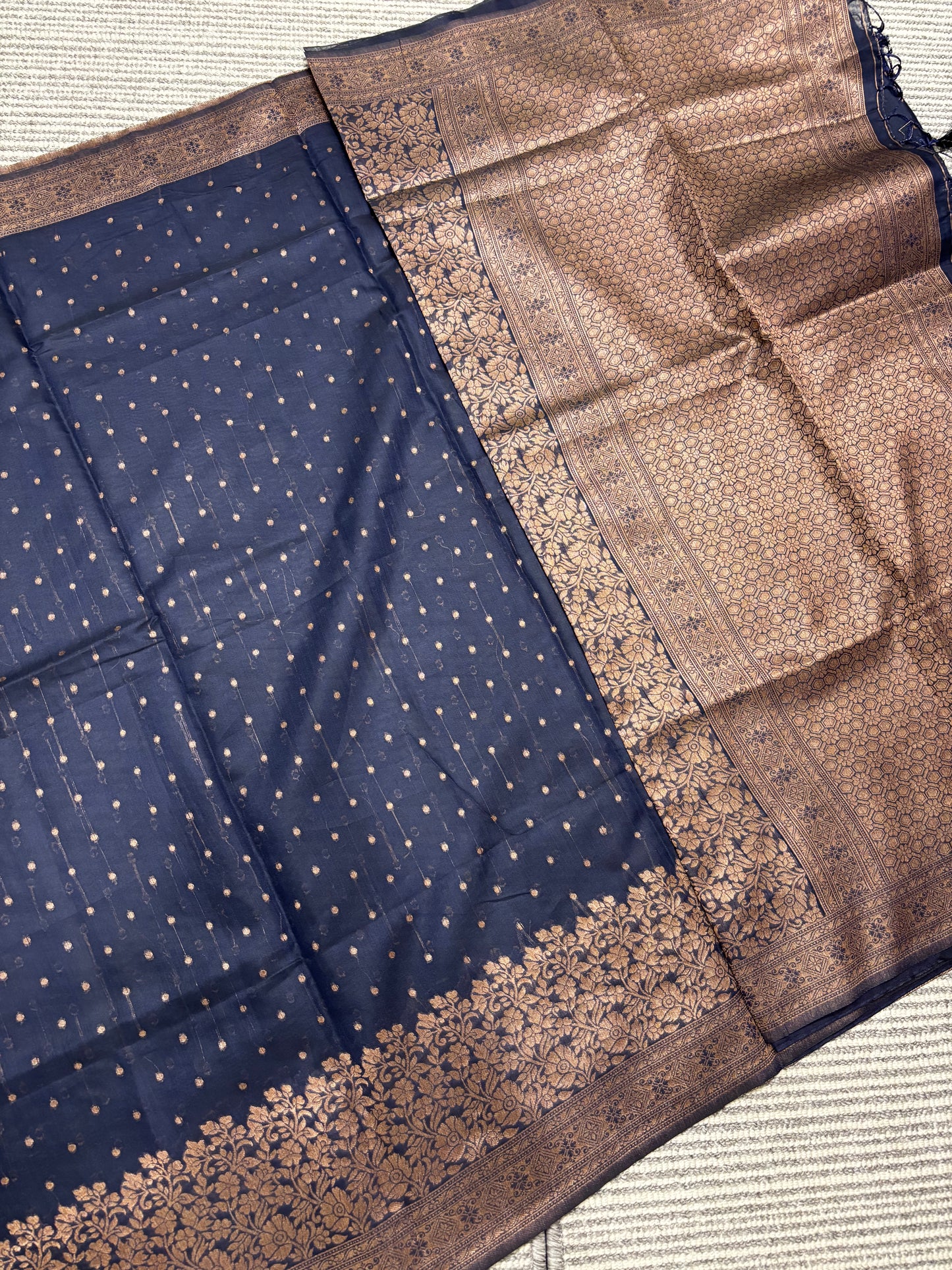 Elegant Dark Blue Tussar Silk Saree with Antique Golden Border & Rich Brocade Pallu