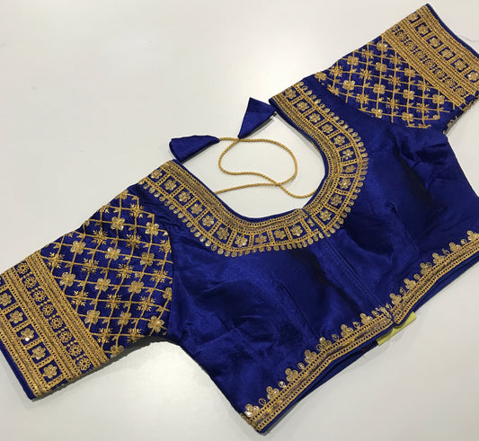 Royal Blue Designer Ready-Made Blouse with Gold Embroidery – Regal Elegance for Sarees & Festive Wear