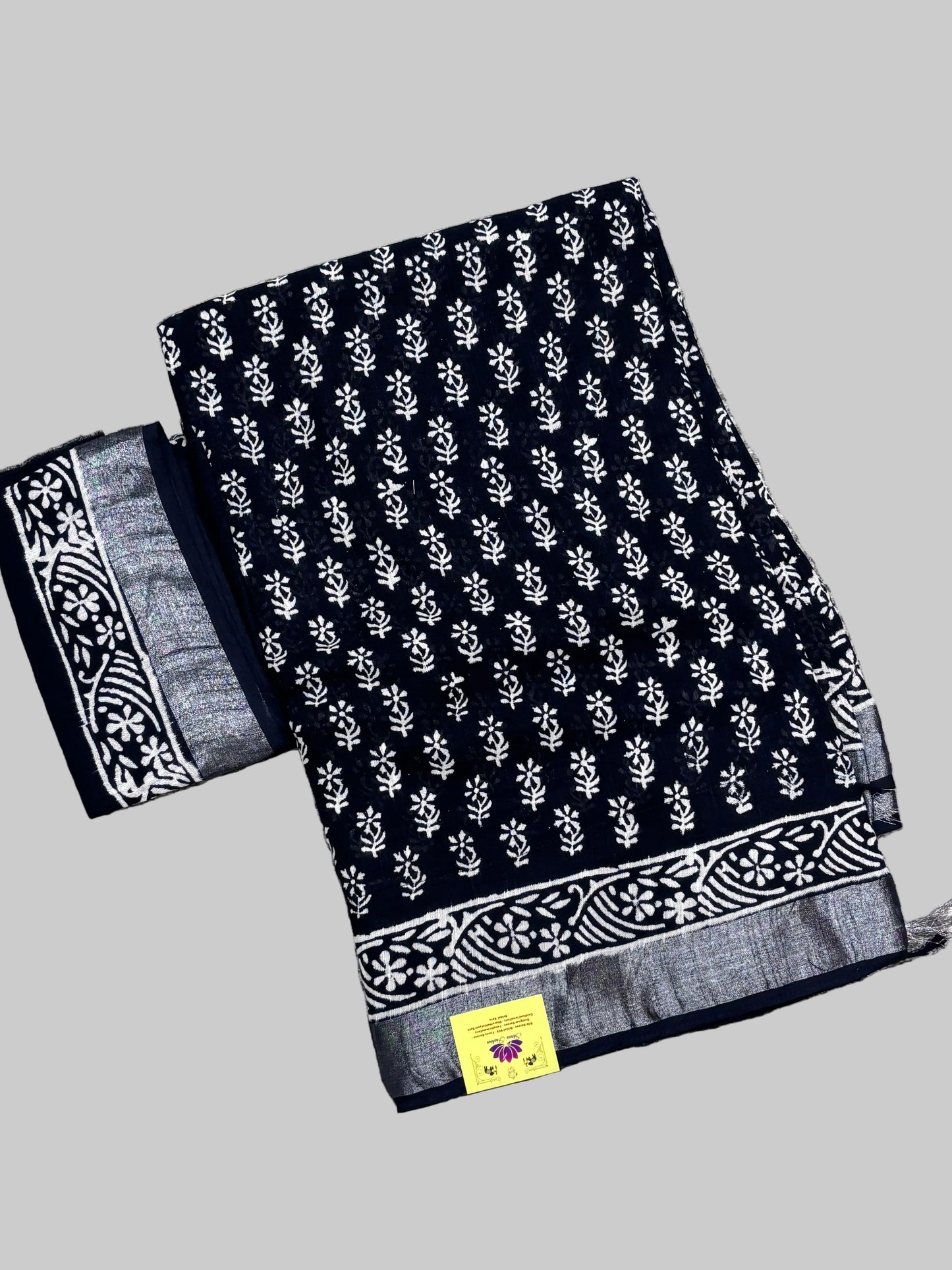 Elegant Black Linen Cotton Saree Featuring Traditional Hand Block Designs | Shrees Fashion
