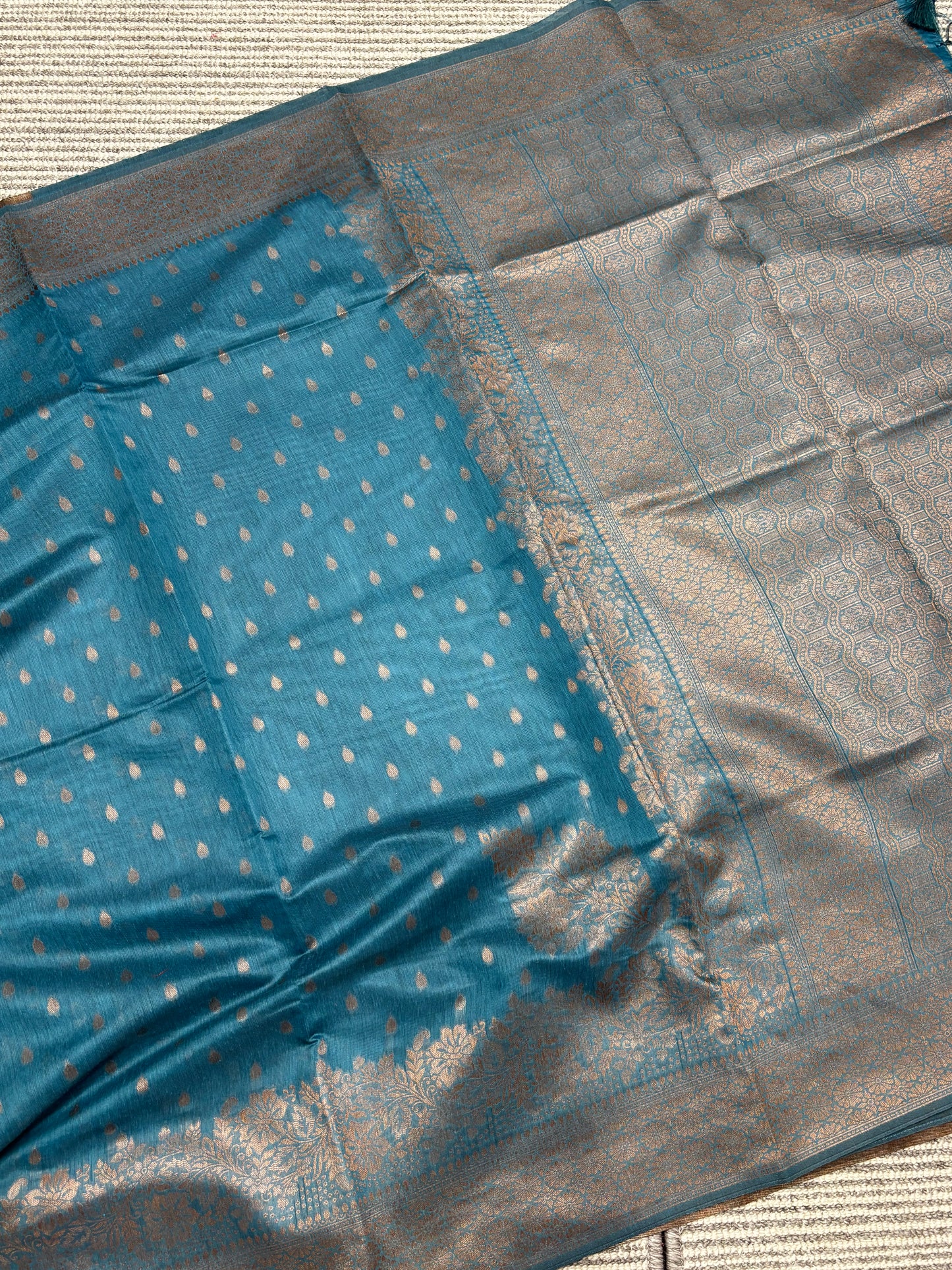 Pure Tussar Silk Saree – Blue Banarasi Design with Antique Golden Zari | Shrees Fashion