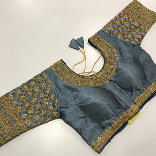 Grey Designer Ready-Made Blouse with Gold Embroidery – Subtle Sophistication for Sarees & Festive Wear