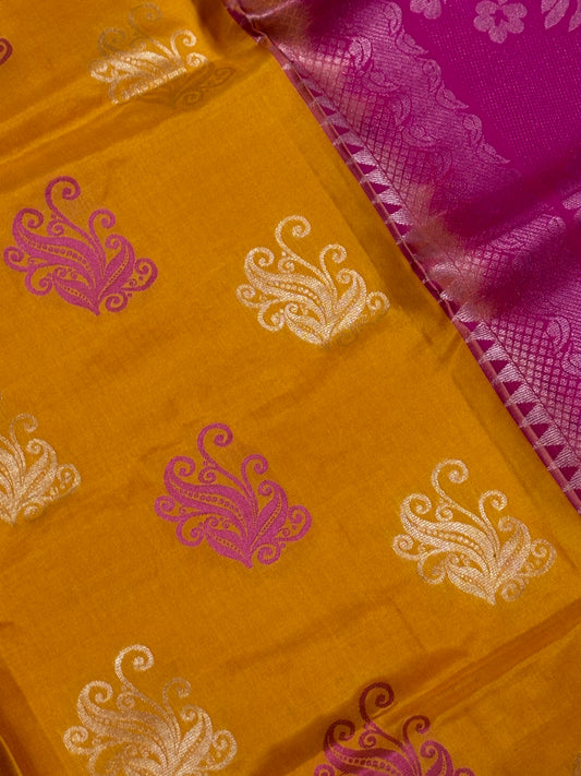 Elegant Pure Kanchipuram Silk Saree in Yellow with Golden Zari and Pink Contrast
